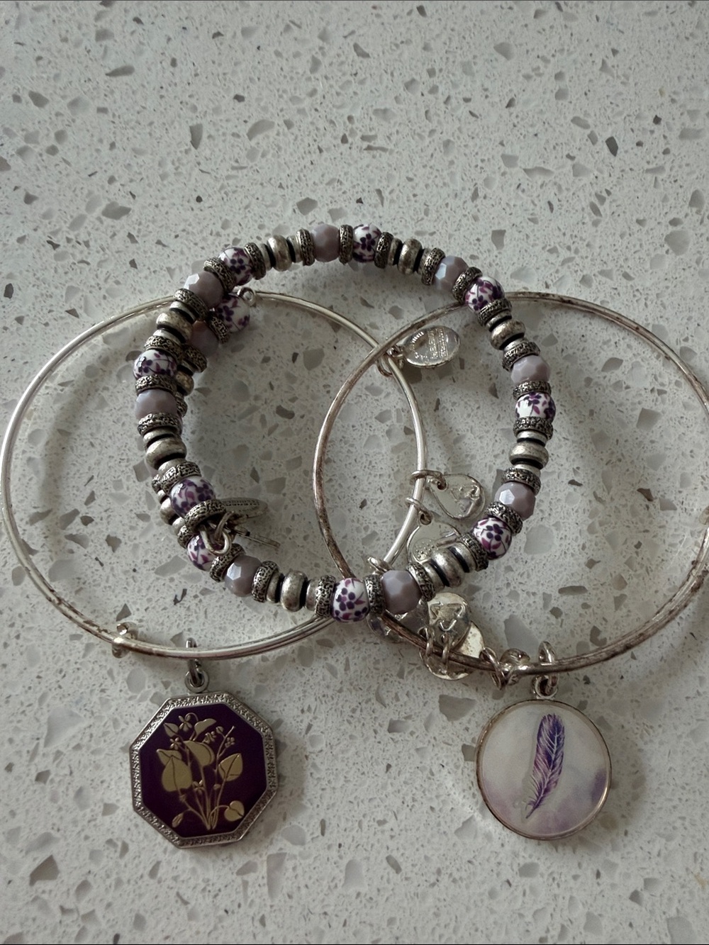 Alex and Ani Silver-Tone Purple Bead & Charm Bracelet Set